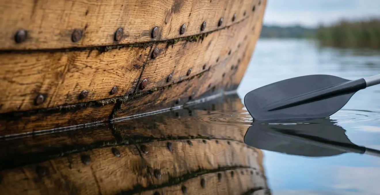 Close-up view of weathered Viking ship replica hull reflected in calm fjord waters with kayak paddle visible