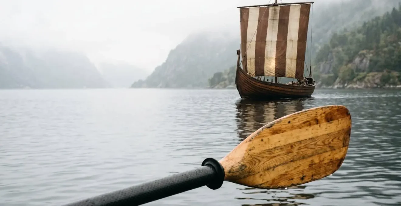 Symbolic view of a traditional Viking ship replica sailing in the distance across a Danish fjord, with kayak paddle visible in foreground
