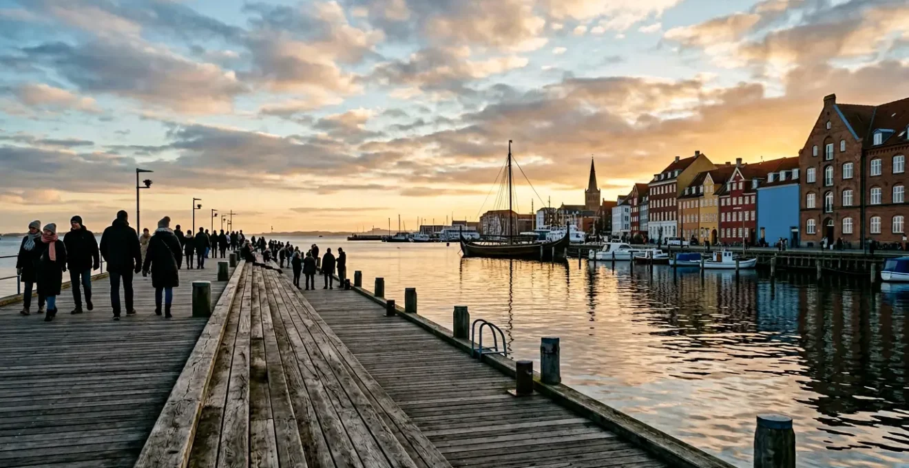 Modern Danish harbor scene with traditional elements reflecting Viking heritage