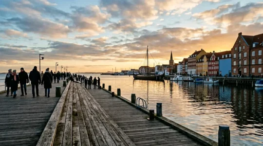 Modern Danish harbor scene with traditional elements reflecting Viking heritage