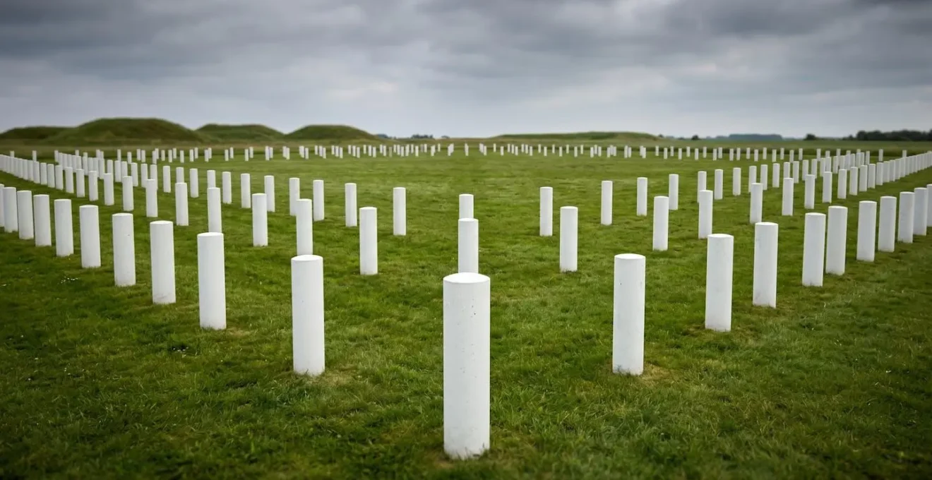 White concrete posts stretching across landscape marking the ancient Viking palisade perimeter