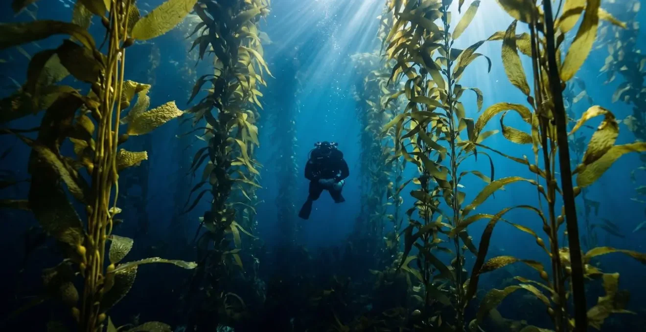 Crystal clear winter underwater visibility through kelp forest with dramatic light rays