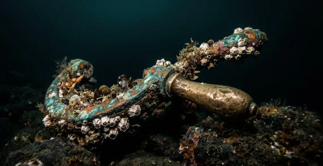Intimate macro photograph of a weathered maritime artifact detail showing historical craftsmanship and marine encrustation in dramatic lighting