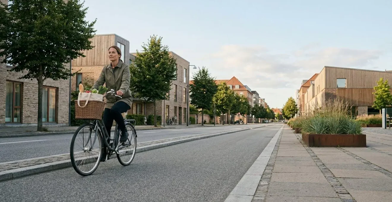 Cyclist with reusable bags riding through green Copenhagen streets