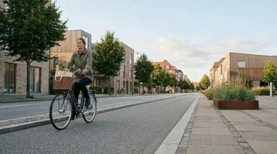 Cyclist with reusable bags riding through green Copenhagen streets
