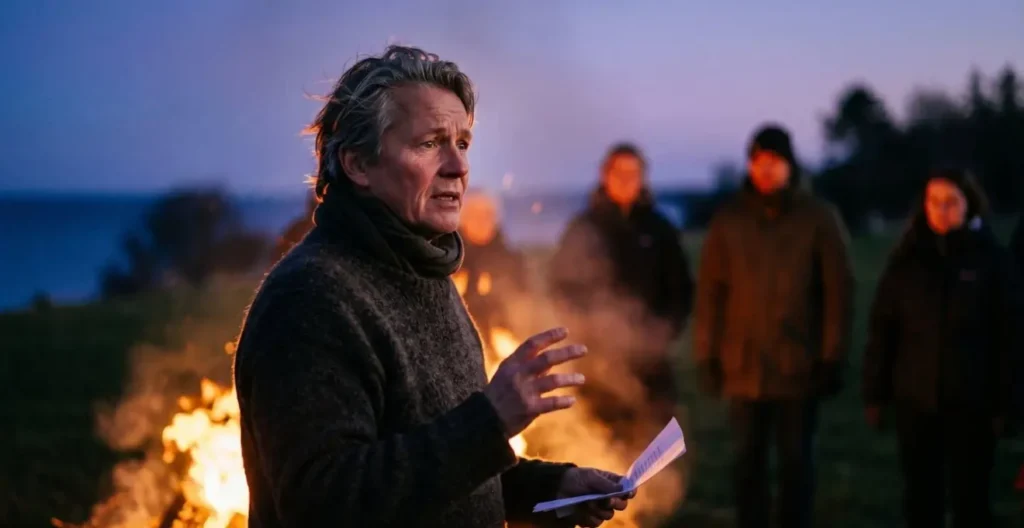 Community figure delivering traditional bonfire speech at Danish Sankt Hans celebration with engaged listeners in twilight
